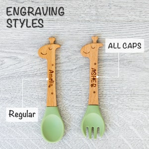Personalized Baby Utensils Spoon and Fork Set Sweet Baby Giraffe Laser Engraved Silicone Weaning & Training Utensils New Baby Gift image 6