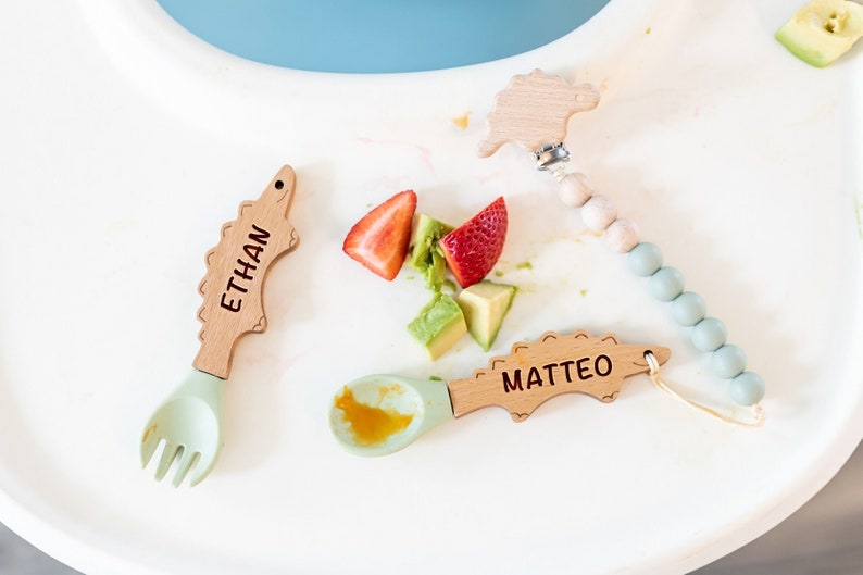 Personalized Spoon and Fork Set Adorable Dino Shape Laser Engraved Baby Safe Silicone Weaning & Training Utensils Baby Keepsake Gift image 7