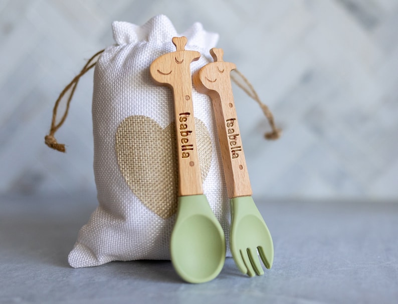 Personalized Baby Utensils Spoon and Fork Set Sweet Baby Giraffe Laser Engraved Silicone Weaning & Training Utensils New Baby Gift Olive Green