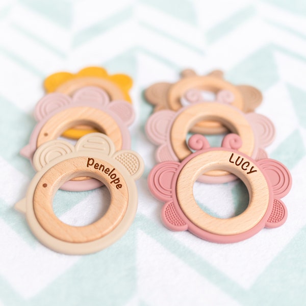 Personalized Wood & Silicone Baby Teethers | All-Natural Baby Teething Ring | Baby Shower, Newborn, New Baby Gift | Gift Bag + To/From Tag