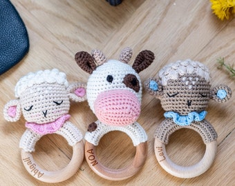 Kosher & Vegan Certified | Personalized Kosher Animals Baby Rattle Gift Set | Jewish Baby Gift | Natural Wood + Cotton Yarn | Cow, Lamb+more