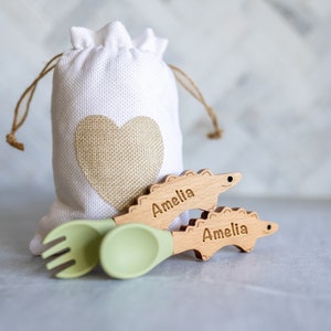 Personalized Spoon and Fork Set Adorable Dino Shape Laser Engraved Baby Safe Silicone Weaning & Training Utensils Baby Keepsake Gift image 4