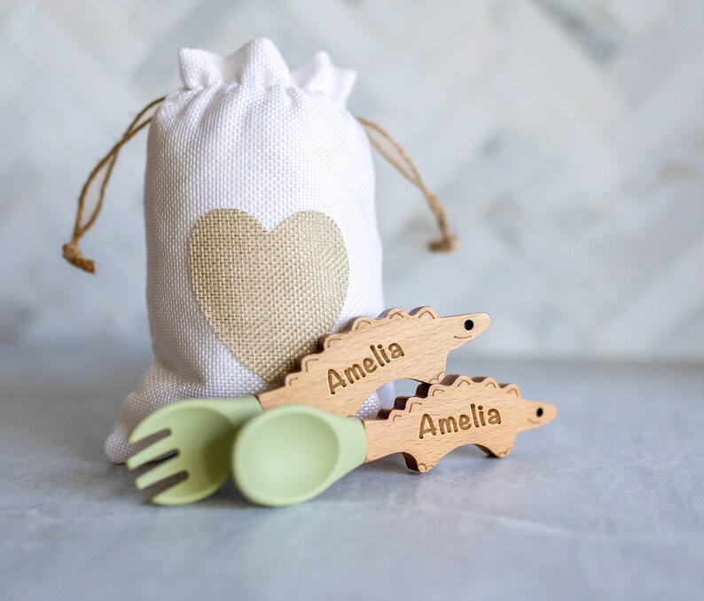Personalized Spoon and Fork Set Adorable Dino Shape Laser Engraved Baby Safe Silicone Weaning & Training Utensils Baby Keepsake Gift image 4