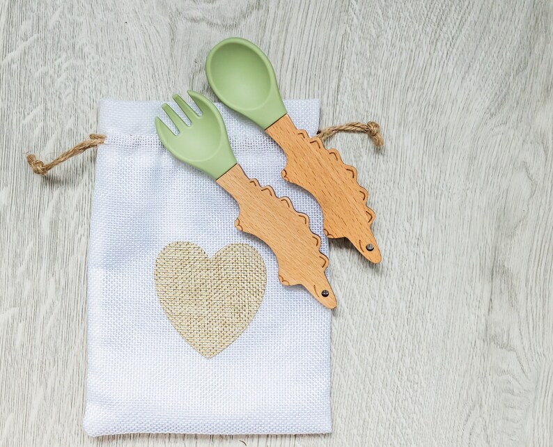 Personalized Spoon and Fork Set Adorable Dino Shape Laser Engraved Baby Safe Silicone Weaning & Training Utensils Baby Keepsake Gift No, thanks