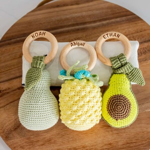 Kosher & Vegan Certified | Personalized Fruit Baby Rattle | New Baby Gift with Option to Add Name | Avocado, Pear, Lemon | Includes Gift Bag