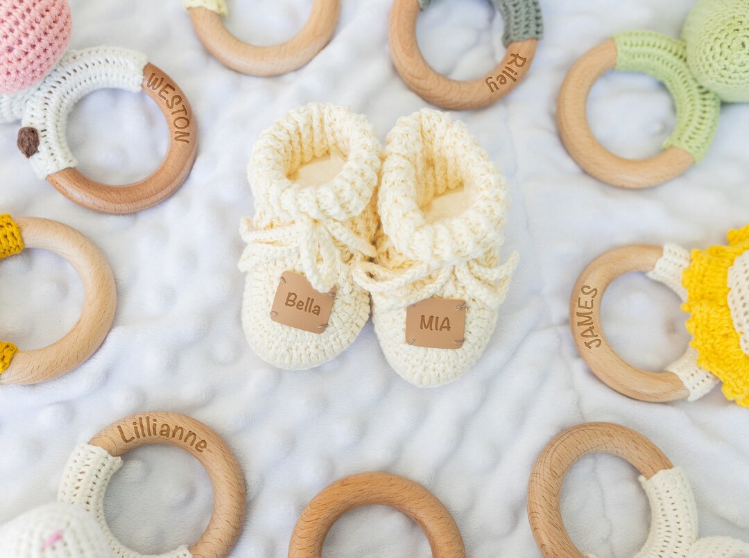 Personalized New Baby Gift Crochet Baby Rattles & Booties Set Baby