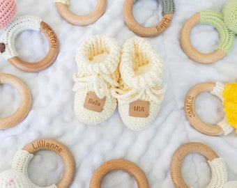 Personalized New Baby Gift | Crochet Baby Rattles & Booties Set | Baby Announcement Gift | Baby Shower Gift | Turnkey Gift Includes Gift Bag