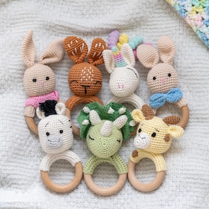 Personalized Crochet Animals Baby Rattles | Turnkey Gift Includes Gift Bag | Cotton Yarn and Beechwood | Baby Shower, Newborn, New Baby Gift