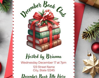 December Monthly Book Club Invitation with Holiday Themed Book Stack
