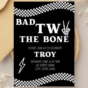 Bad Two the Bone Invitation, 2nd Birthday Editable Invitation, Skeleton Peace Hand Invite, Punk Rock Party, Fall Halloween Second Birthday