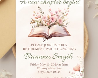 A New Chapter Begins Book-Themed Retirement Party Invitation, Editable Canva Template, Retirement Invitation, Retirement Invite for Teacher