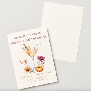 May include: An invitation card with the text "YOU'RE INVITED TO AN autumn cocktail party". The card features a watercolor illustration of a cocktail, flowers, and a pumpkin. A blank card is next to it.