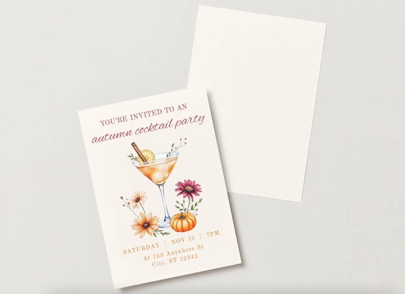 May include: An invitation card with the text "YOU'RE INVITED TO AN autumn cocktail party". The card features a watercolor illustration of a cocktail, flowers, and a pumpkin. A blank card is next to it.