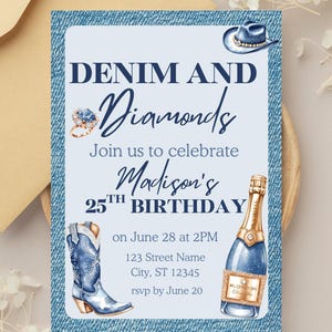 Denim and Diamonds Invitation, 25th Birthday, Denim and Diamonds, Denim Invitation, Denim Birthday Invite Digital, Blue Jeans Invitation