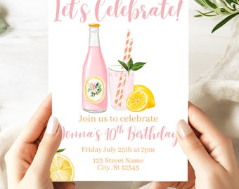 40th Birthday Invite, Pink Lemon Party, Summer Party Invite, Cocktail Party Invitation, Lemon Birthday Theme, Citrus Birthday Invite