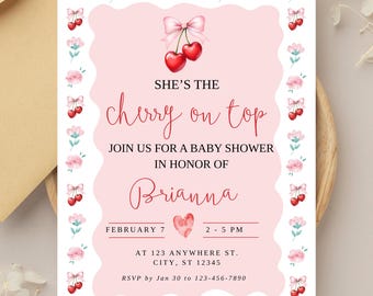 Invitación para baby shower "Ella es la cereza del pastel"