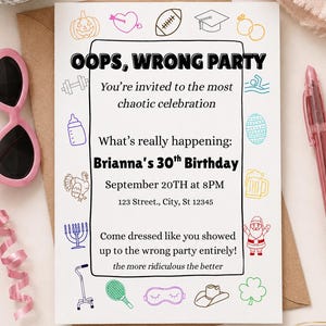 Wrong Party Invitation, Wrong Event Party Template, Funny Costume Birthday Invite, No Theme Party, Editable Birthday Invitation