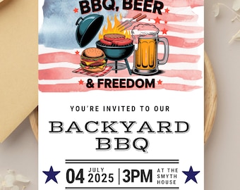 4th of July Invitation Template, July 4th Party Invitation, Patriotic Gnome BBQ Party, Summer Barbeque Invitation, Independence Day Invite