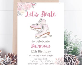 May include: A white invitation card with the text "Let's Skate" in pink script, featuring an illustration of ice skates. The card is for Brianna's 12th birthday, with event details. A brown envelope is behind the card.