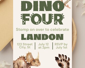 Dino Four Birthday Invitation, Dinosaur Birthday Invite, Dino Party Invite, Fourth Birthday Invitation, Toddler Boy Birthday Party