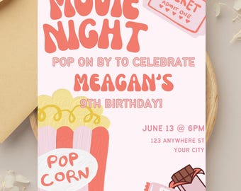 Pink Movie Night Birthday Invitation, Movie Birthday Party, Sleepover Invitation, Slumber Party Birthday Invite, Pajama Party Invitation