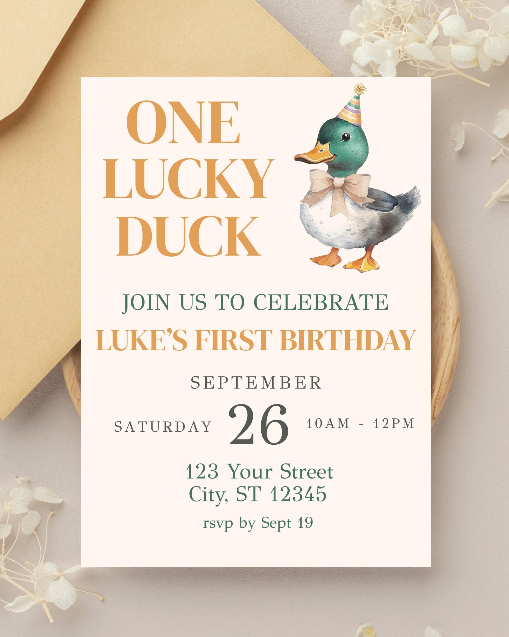 First Birthday Duck Invitation, One Lucky Duck, One Lucky Duck Birthday, Lucky Duck First Birthday Party, Mallard Duck 1st Birthday Invite