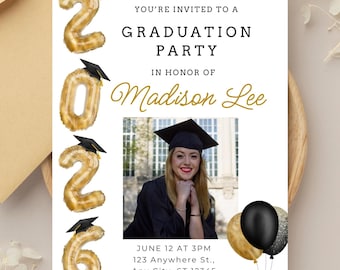 Black and Gold Graduation Invitation, Class of 2026 Grad Invite, Grad Photo Announcement, Grad Party Invite, Graduation Card