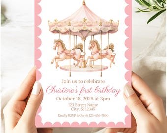 Pink Carousel Birthday Invitation, Girl First Birthday Invite, First Go Around Invitation, Whimsical Vintage Carousel, Carnival 1st Birthday