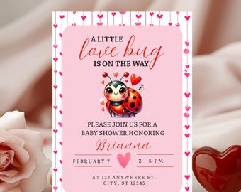 Love Bug Baby Shower Invitation | Editable Valentine Baby Shower Template | Canva Girl Baby Shower Printable | Ladybug Theme Invite