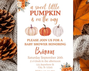 Uitnodiging babyshower pompoen, een beetje pompoen is onderweg, herfst babyshower uitnodiging, uitnodiging babyshower kleine pompoen herfst