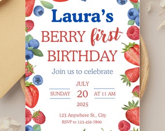 Berry First Birthday Invitation, Strawberry First Birthday Invitation, Blueberry First Birthday Invite, Fruit Theme Birthday Party