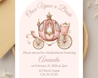 Może przedstawiać: Różowe zaproszenie na baby shower z ilustracją karety z bajki i napisem "Once Upon a Bride". Zaproszenie zawiera szczegóły dotyczące baby shower Amandy 21 lutego 2026 roku.