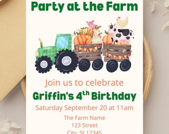 Farm Birthday Invitation, Tractor Party Invitation, Pumpkin Farm Birthday, Fall Birthday Invitation, Party at the Farm, Farm Themed Invite