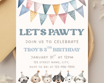 Let’s Pawty Dog Birthday Invitation | Editable Canva Kids Party Invite | Puppy Birthday Template | Printable Dog Theme Invite