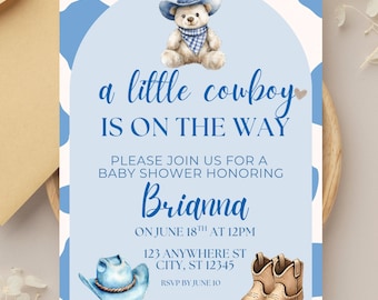 Inbjudan till cowboy-babyshower, inbjudan till vilda västern-babyshower, rodeoinbjudan, en liten cowboy, tryck med blått ko, babyshower för västerländsk rodeo