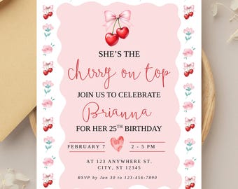 She's The Cherry On Top Birthday Invitation, Cherry Invitation, Coquette Cherry Bow Invite, Girly Birthday Party, Fruit Theme