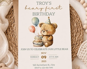 Beary First Birthday Invitation, Teddy Bear Birthday Invitation, Bear Theme Birthday Invitation, Neutral Bear Party Invite