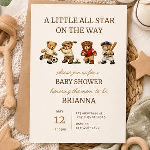 Sports Baby Shower Invitation Template, All Star Baby Shower Invite, Vintage Teddy Bear Sports Theme, Boy Baby Shower Invite