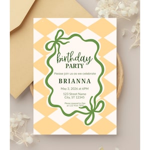 May include: A birthday party invitation with a cream and yellow diamond pattern background. The invitation features a green, wavy border with the words "birthday PARTY" and event details for Brianna. Includes a matching envelope.