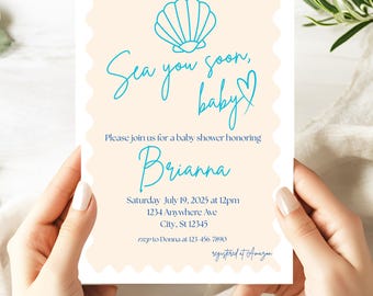 Zaproszenie na baby shower w stylu morskim, zaproszenie na baby shower w stylu nadmorskim, zaproszenie w kształcie muszelki, zaproszenie na plażę, zaproszenie na letni baby shower