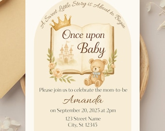 Fairytale Baby Shower Invitation: Storybook Invite, Digital Download, Canva Template, Once Upon a Baby, Book Themed Baby Shower Invite