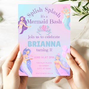 Splish Splash Mermaid Bash Invitation, Pastel Mermaid Birthday Invite, Under the Sea, Mermaid Pool Party, Girl Summer Birthday Invitation