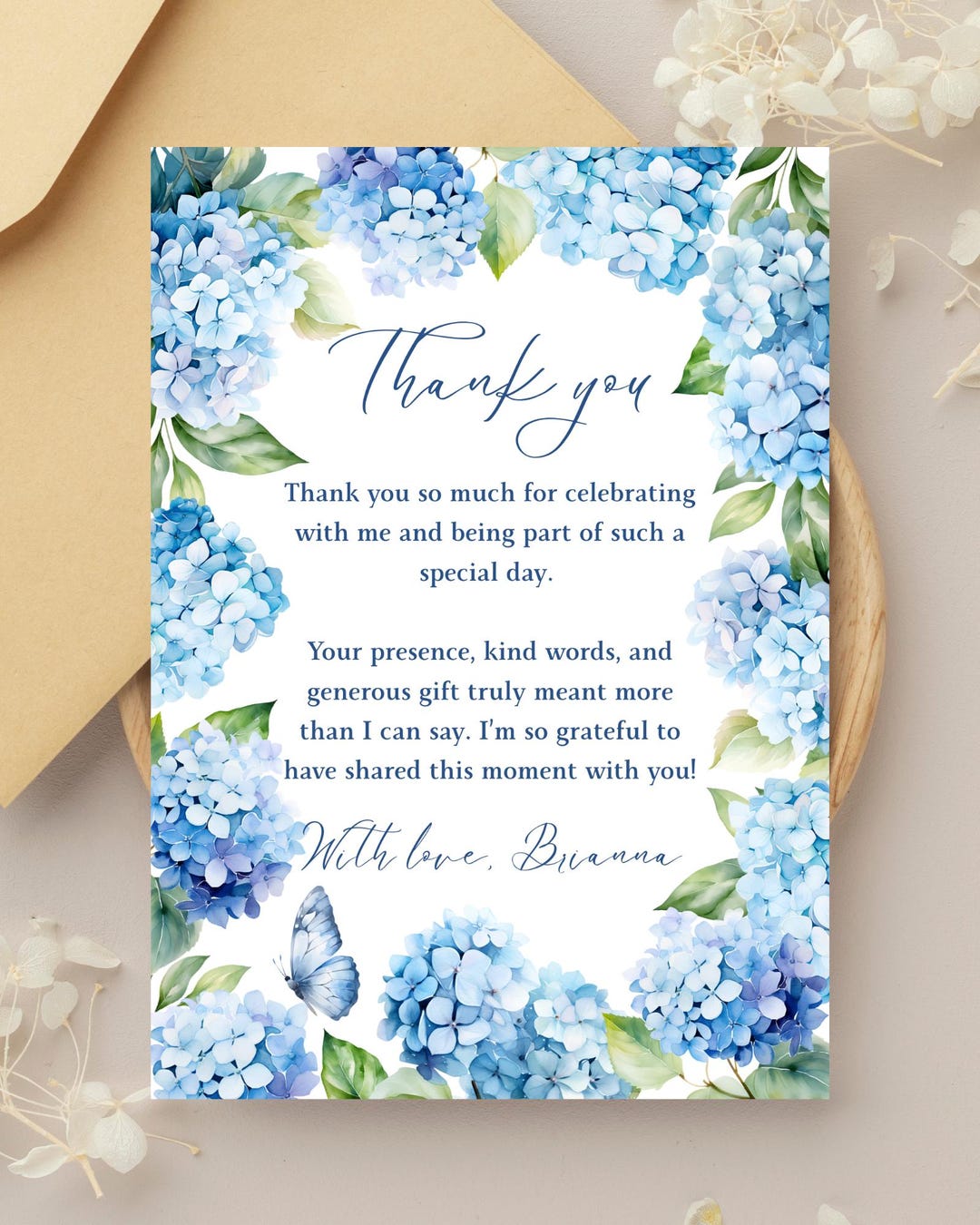 Hydrangea Shower, Hydrangea Note Card, Blue Hydrangea Thank You Card ...