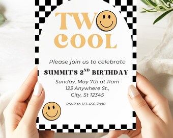 May include: A birthday invitation with a black and white checkered border. The text "TWO COOL" is in a retro font, with a smiley face. The invitation is for a second birthday, with the date, time, and location details.