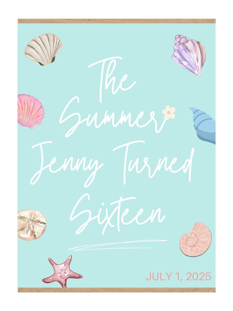 Editable birthday welcome sign with beach theme inspired by The Summer I Turned Pretty, featuring pastel seashells on a light blue background