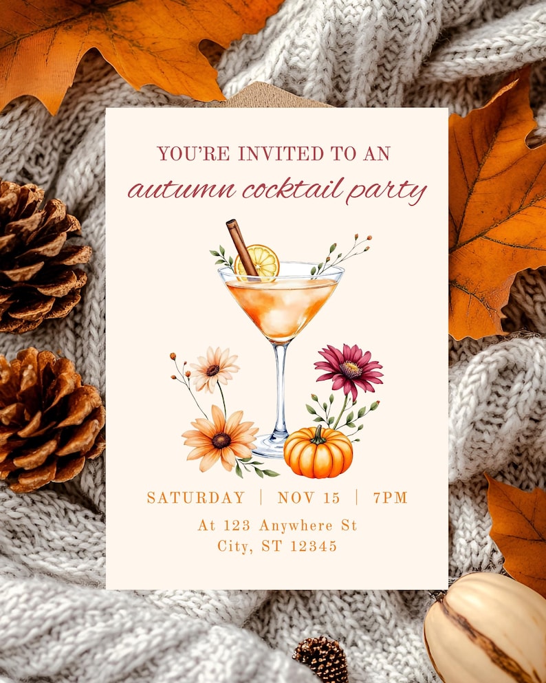 Autumn Cocktail Party Invitation, Fall Happy Hour Invite, Autumn Party Invitation, Friendsgiving Invite, Fall Birthday Invitation, Fall Dinner Party Invitation