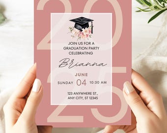 Pink Floral Graduation Invitation, Class of 2025 Graduation Announcement, High School Grad, College Grad Party, Graduation Party Invite