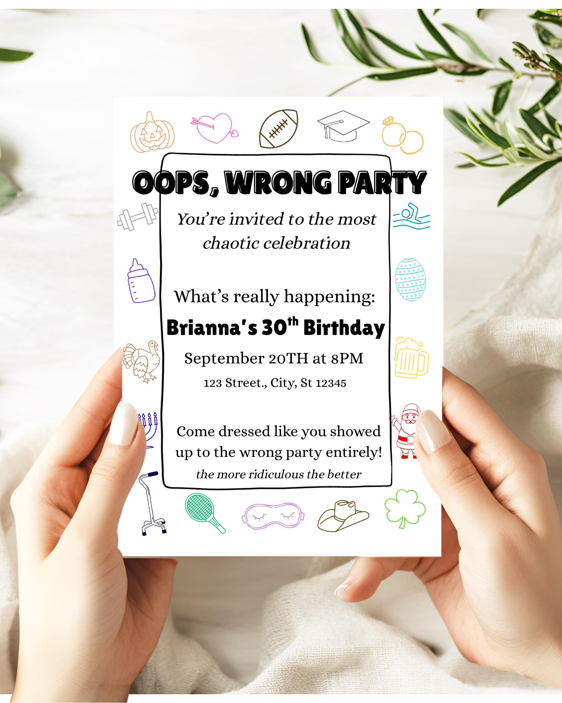 Funny Wrong Party Invitation: Costume Theme Birthday, Editable Template ...