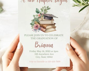 Book Themed Graduation Invitation, Book Party Invite, Grad Party Card, Girls Graduation Invitation, Next Chapter Begins, A New Chapter Begin