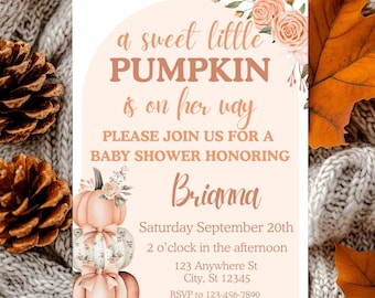 May include: A baby shower invitation with a fall theme. The invitation features the text "a sweet little PUMPKIN is on her way" and "PLEASE JOIN US FOR A BABY SHOWER HONORING Brianna". The invitation is decorated with pumpkins and floral accents.